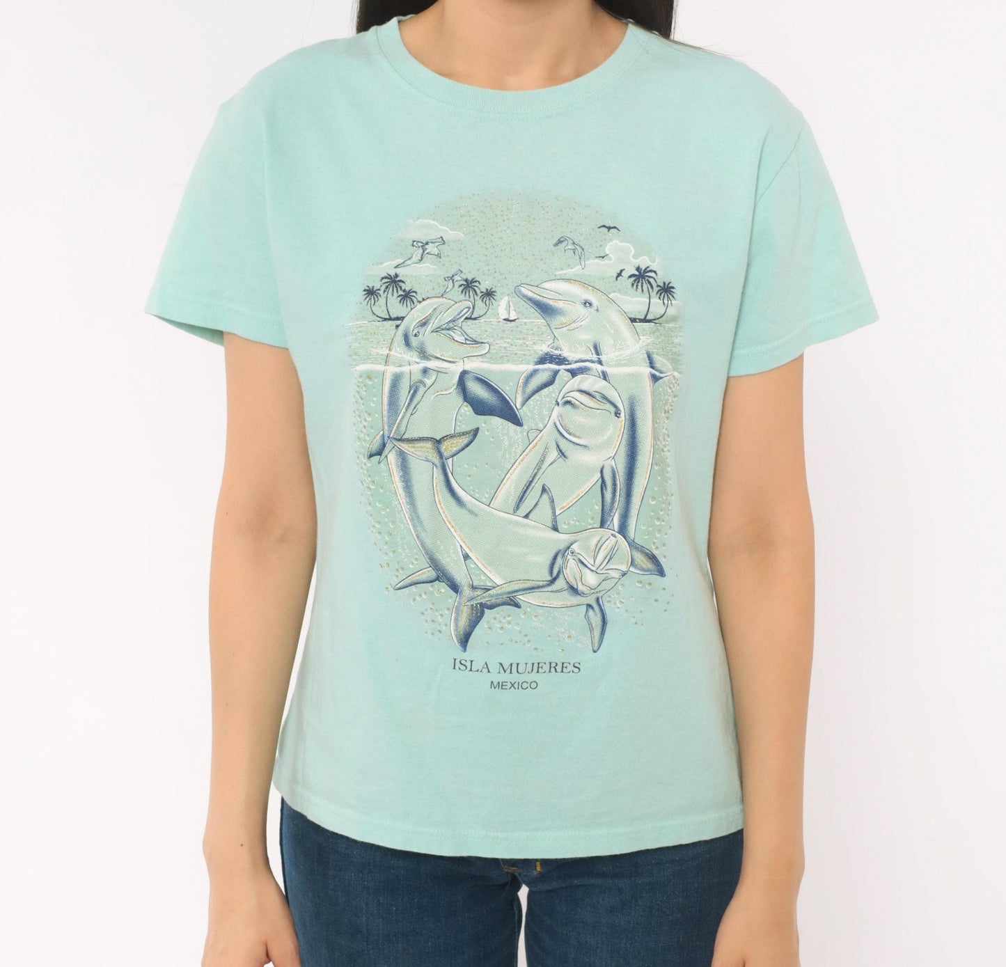 00s Yazbek Dolphin Isla Mujeres Mexico Graphic Tee Mint Green Large L