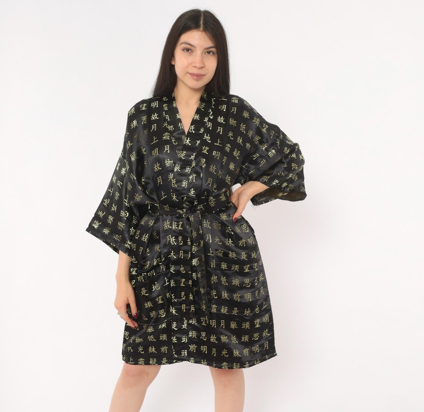 90s Chinese Calligraphy Kimono Robe Black Gold Wrap Tie Front Extra Large