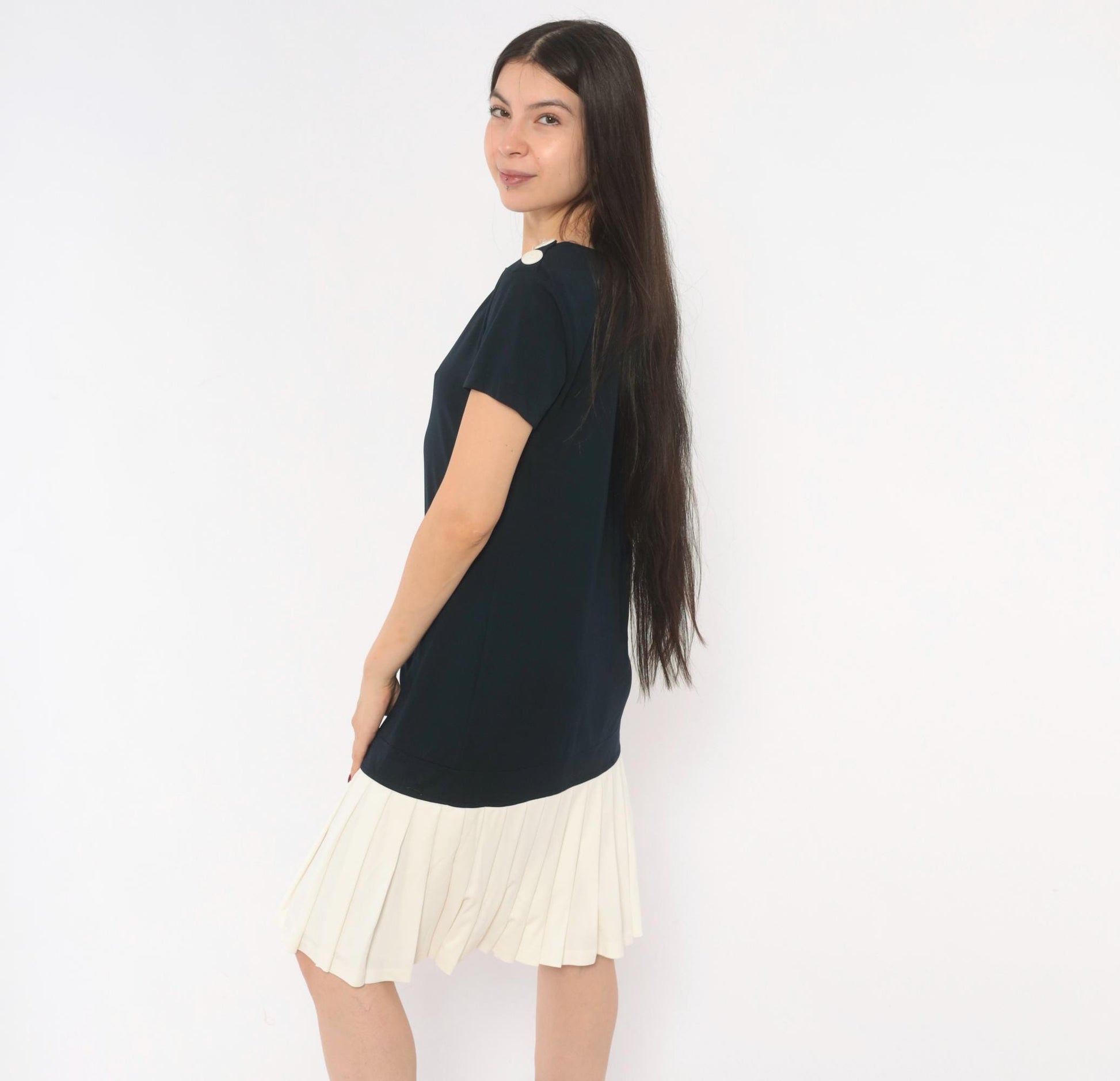 90s Robbie Bee Drop Waist Dress Navy Cream Pleated Colorblock Small