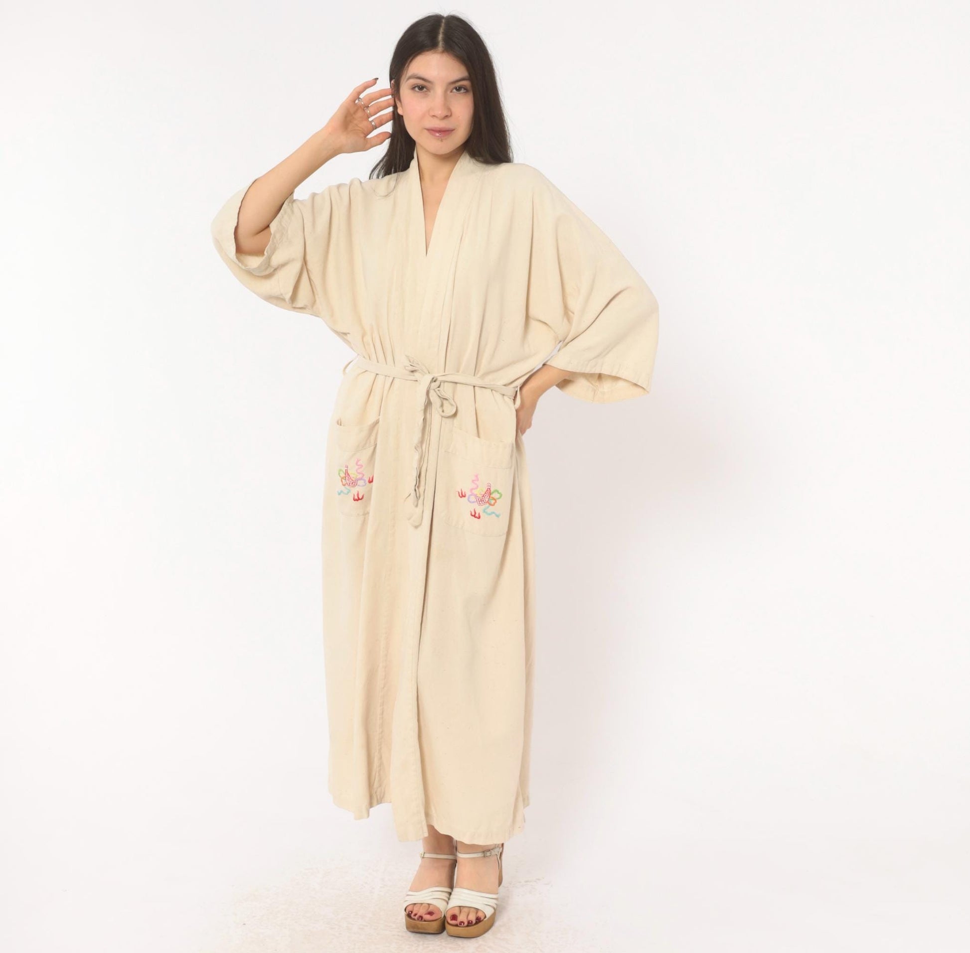 80s Health Silk Kimono Robe Dragon Embroidered Cream Midi Extra Large