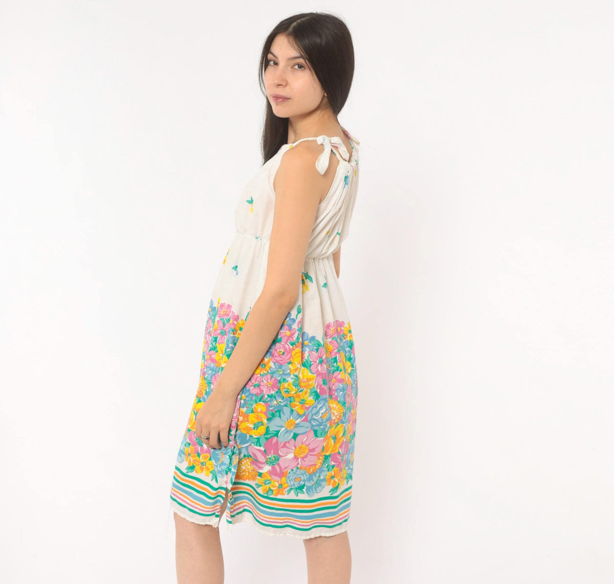 80s White Floral Cotton Sundress Tie Shoulder Knee Length Extra Small XS
