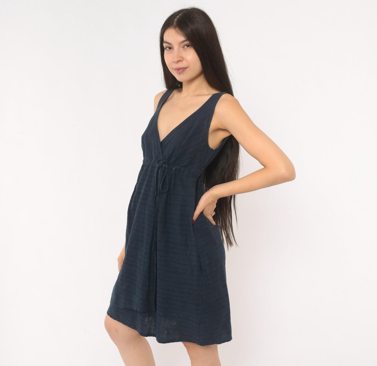 2000s Patagonia Hemp Wrap Dress Navy V-Neck A-Line Mini Small S