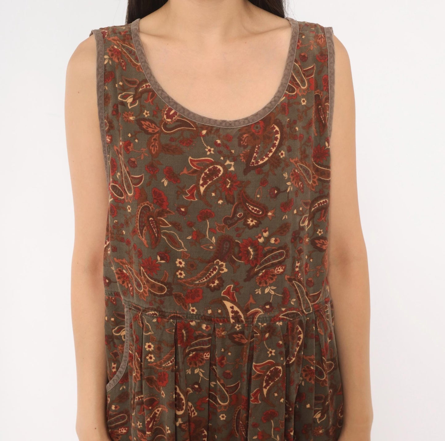 90s Erika Paisley Corduroy Jumper Dress Olive Maxi Pleated Skirt Extra Large XXL
