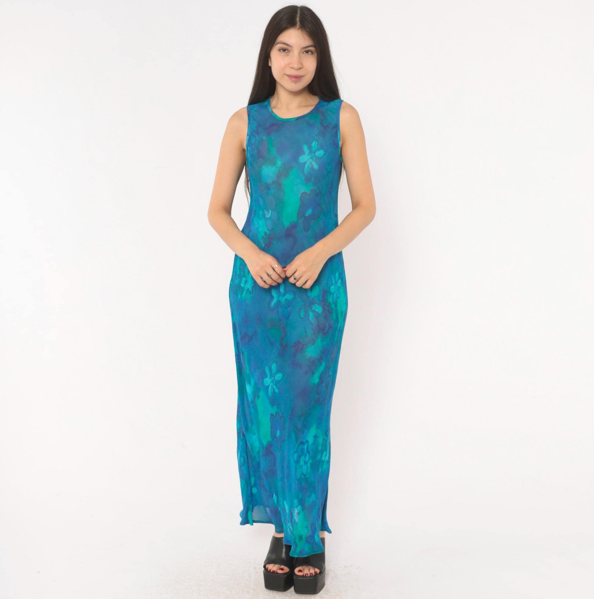 90s Mica Floral Maxi Dress Blue Teal Watercolor Chiffon Sleeveless Small S