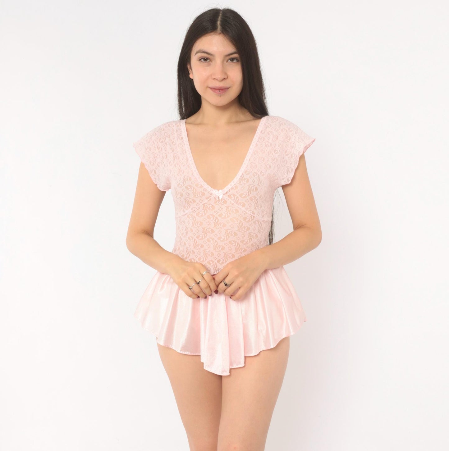 90s Cinema Etoile Pink Lace Babydoll Top Flutter Sleeve Bow Small S