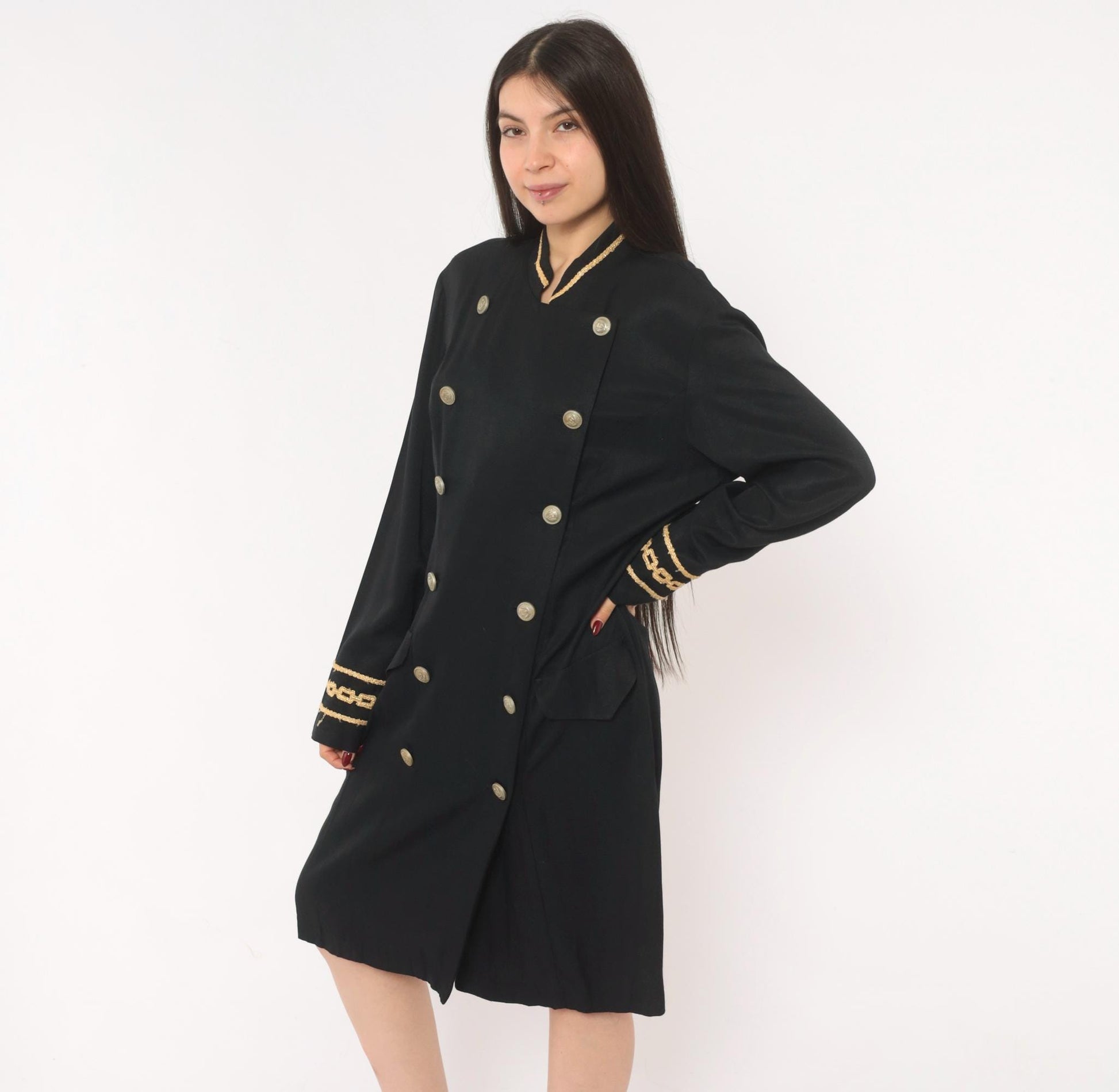 90s Marnie West Military Coat Dress Black Gold Chain Mandarin Collar Large L