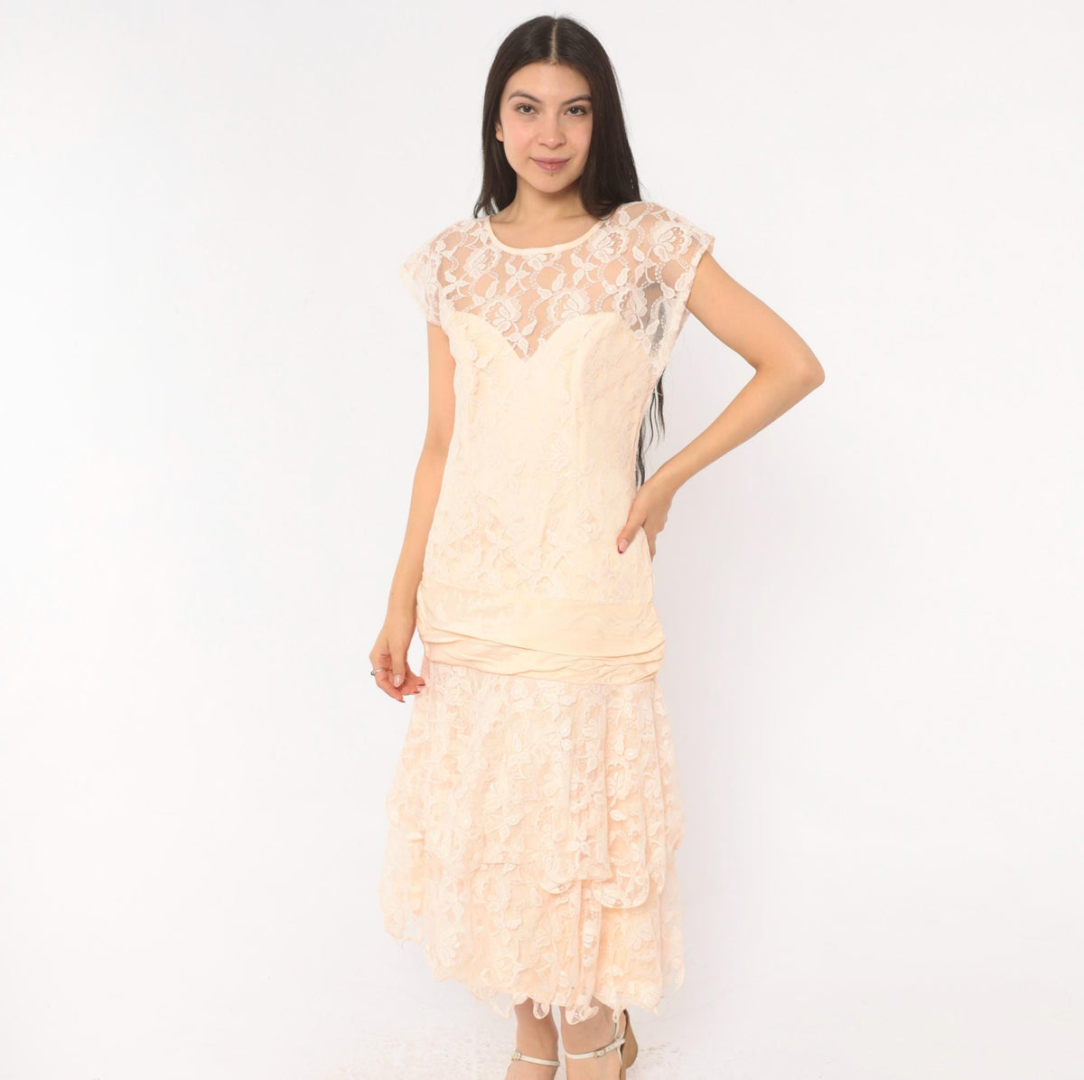 80s Peach Lace Midi Dress Drop Waist Sweetheart Neckline Cap Sleeve Small S