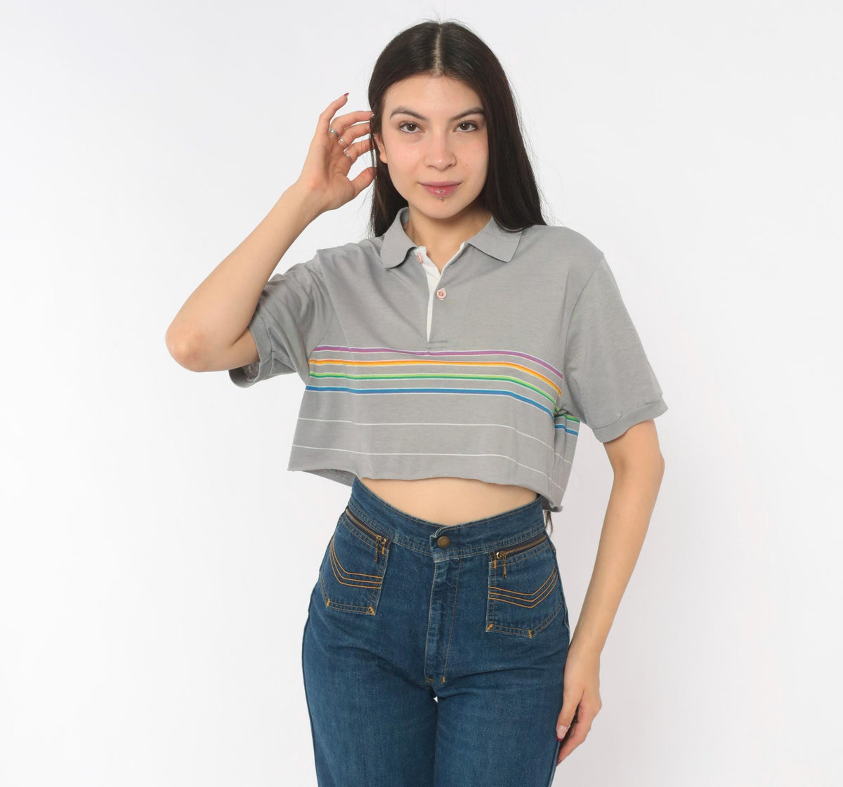 80s Rainbow Stripe Crop Polo Grey Cotton Short Sleeve Medium M