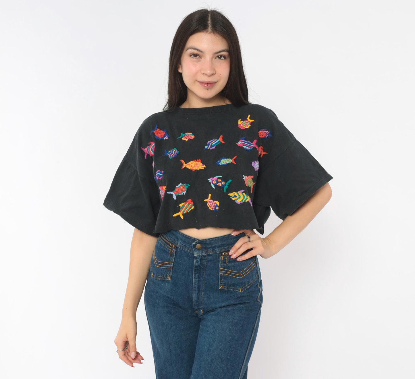 90s Las Manos Embroidered Fish Crop Top Black Cotton Rainbow Tropical Medium