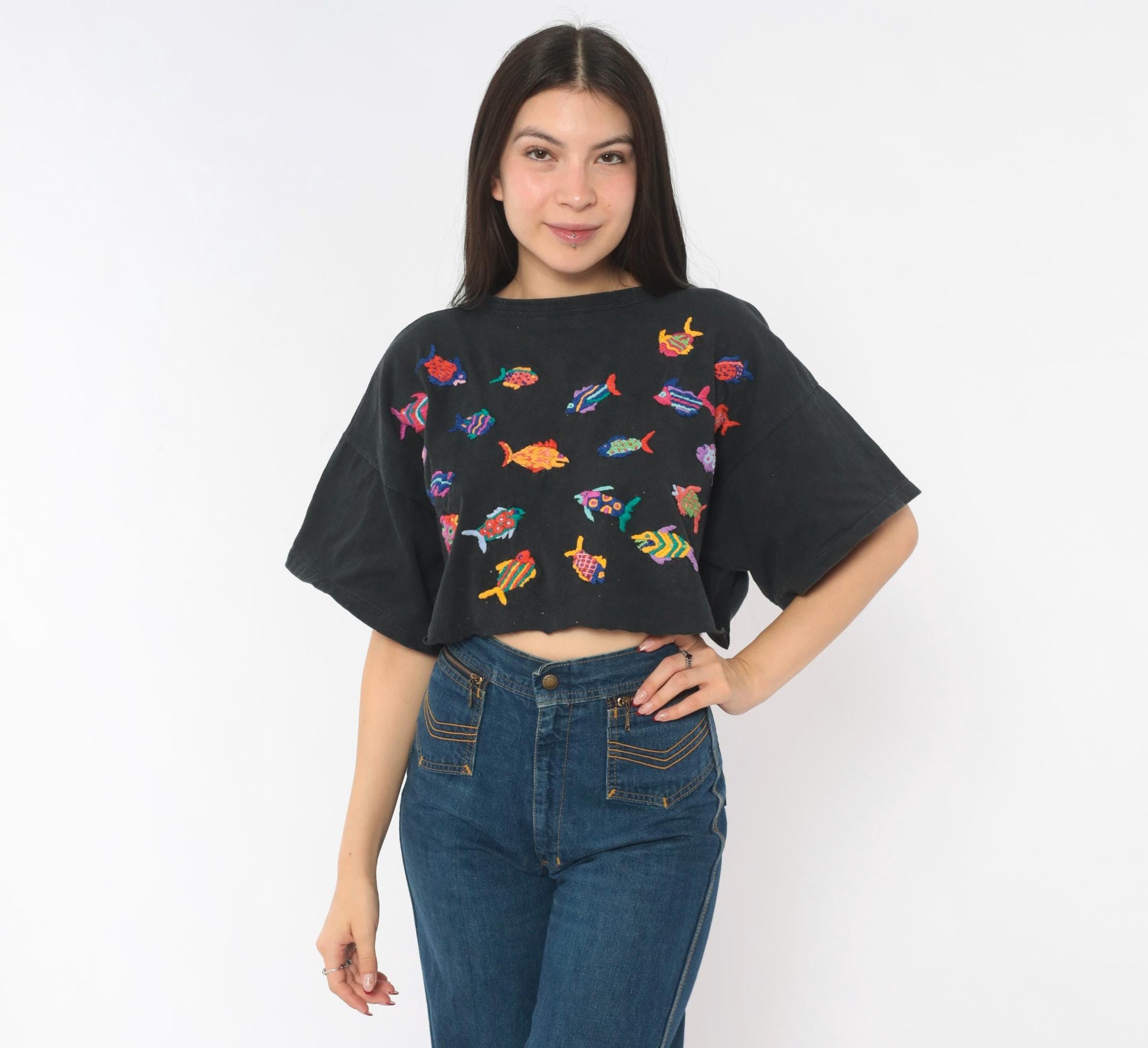 90s Las Manos Embroidered Fish Crop Top Black Cotton Rainbow Tropical Medium