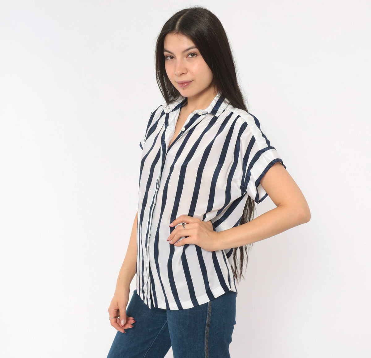 80s Navy White Striped Camp Collar Blouse Button Front Medium