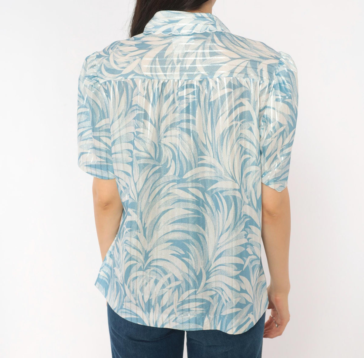 70s Graff Palm Leaf Blouse Blue White Tropical Print Button-Up Medium