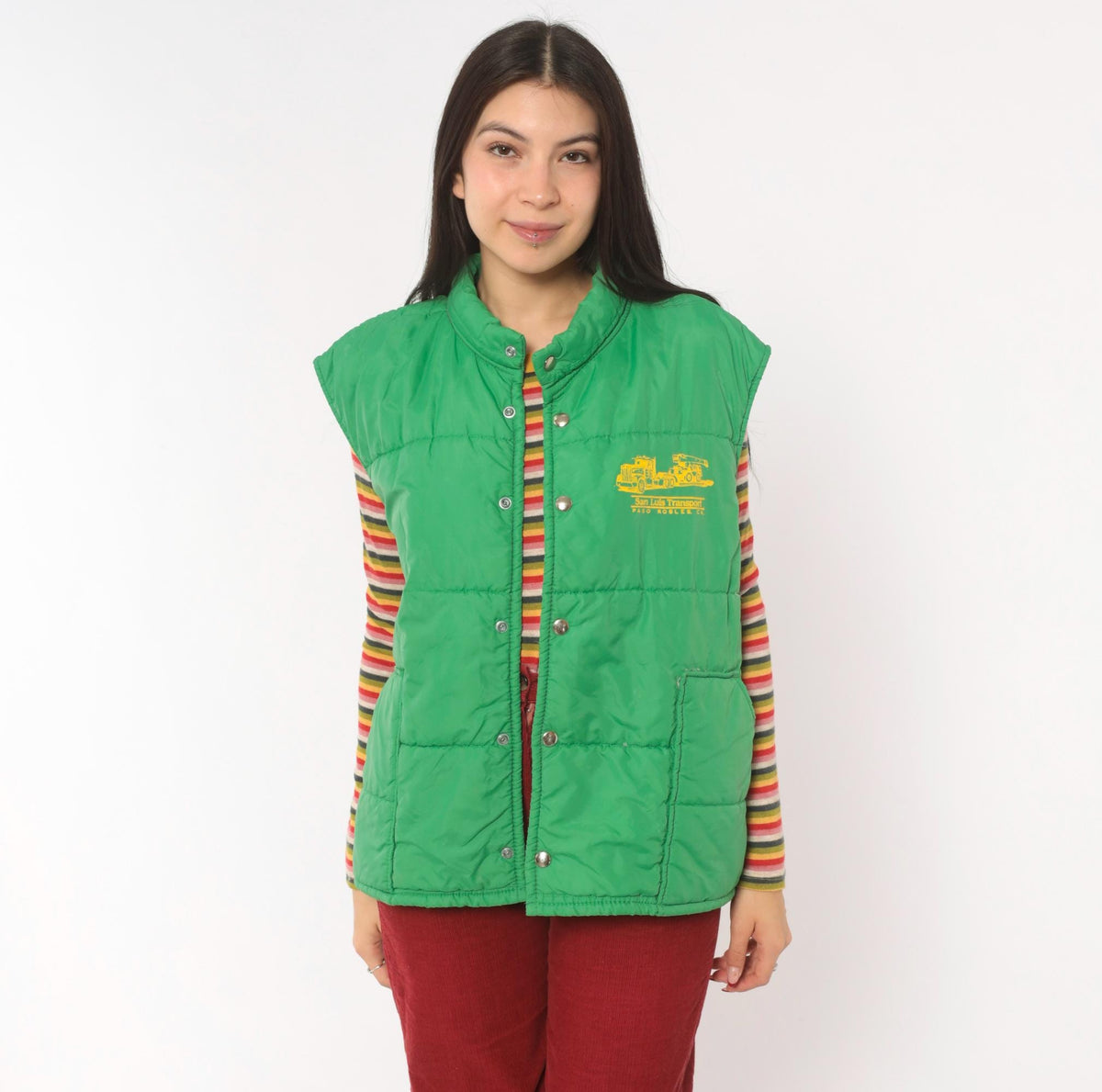80s Green Puffer Vest San Luis Transport Graphic Snap Front Quilted Medium
