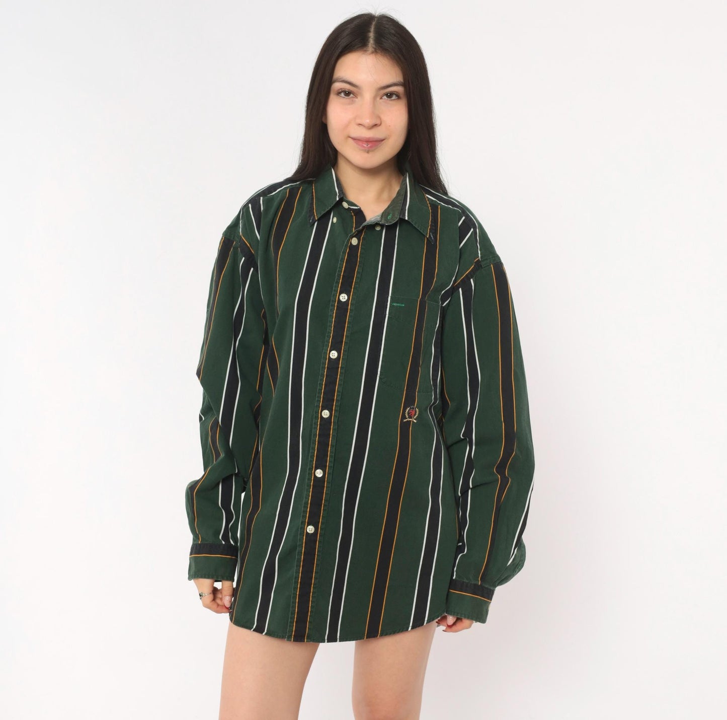 Tommy Hilfiger 90s Striped Cotton Shirt Forest Green Crest Logo Large L