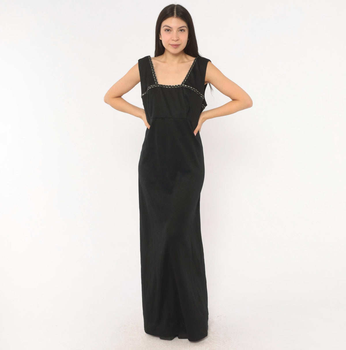70s Black Maxi Dress Empire Waist Square Neckline Silver Braided Trim Extra Large