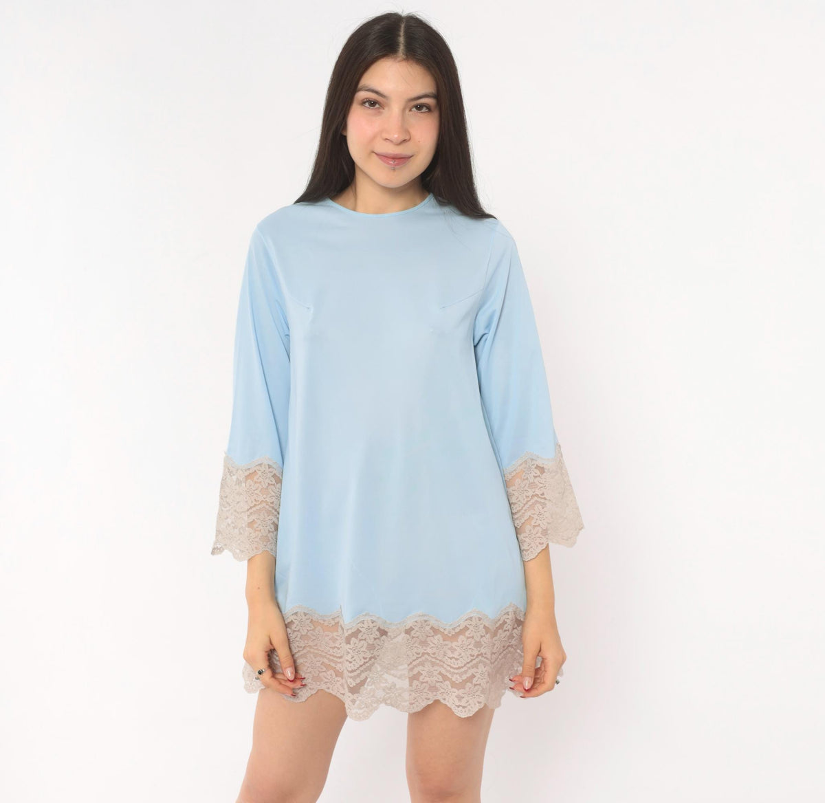 70s Sky Blue Lace Trim Mini Slip Dress Scalloped Bell Sleeve Keyhole Back XS