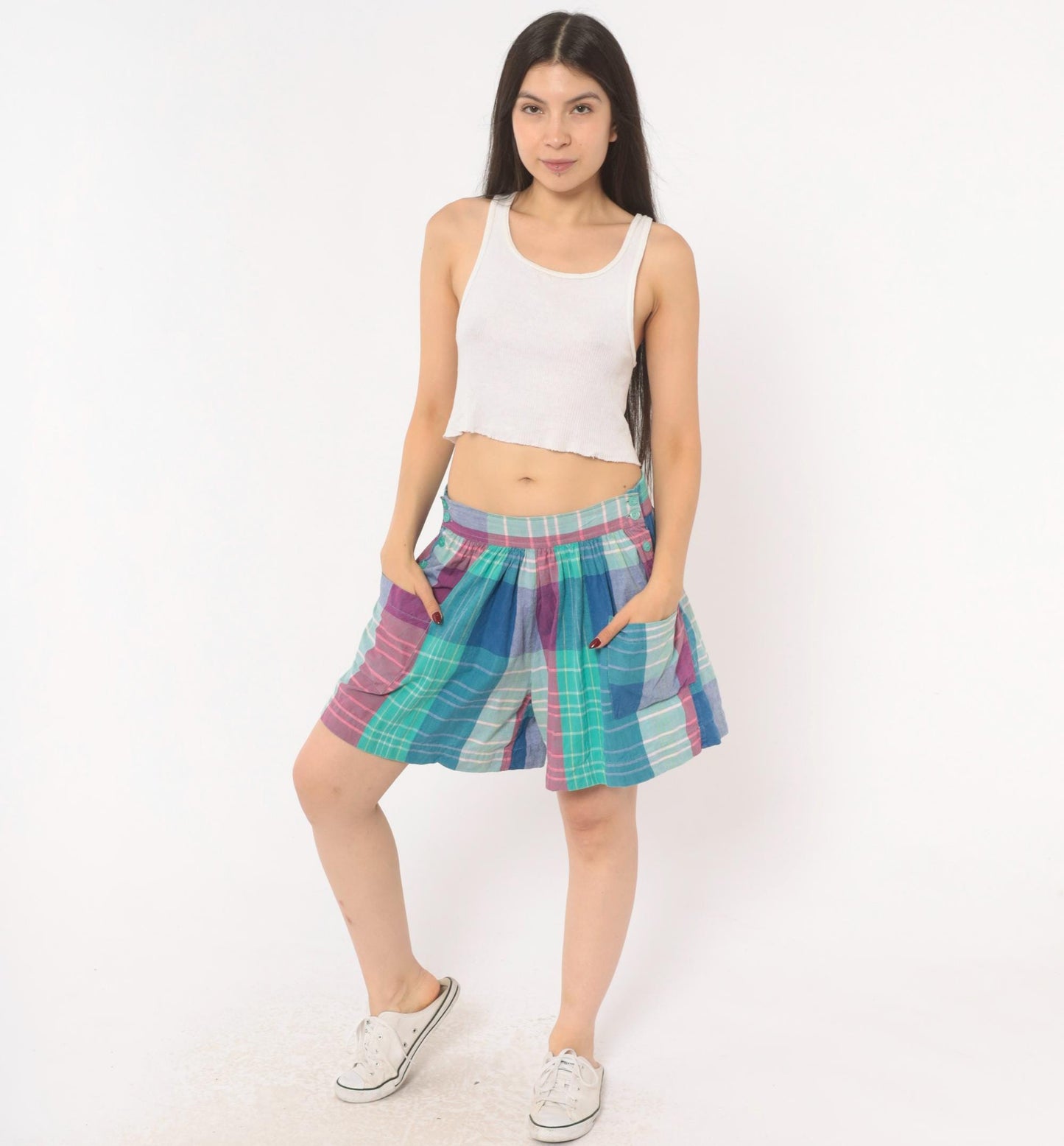 90s Technics Madras Plaid Shorts High Waisted Wide Leg Cotton Teal Pink Large L