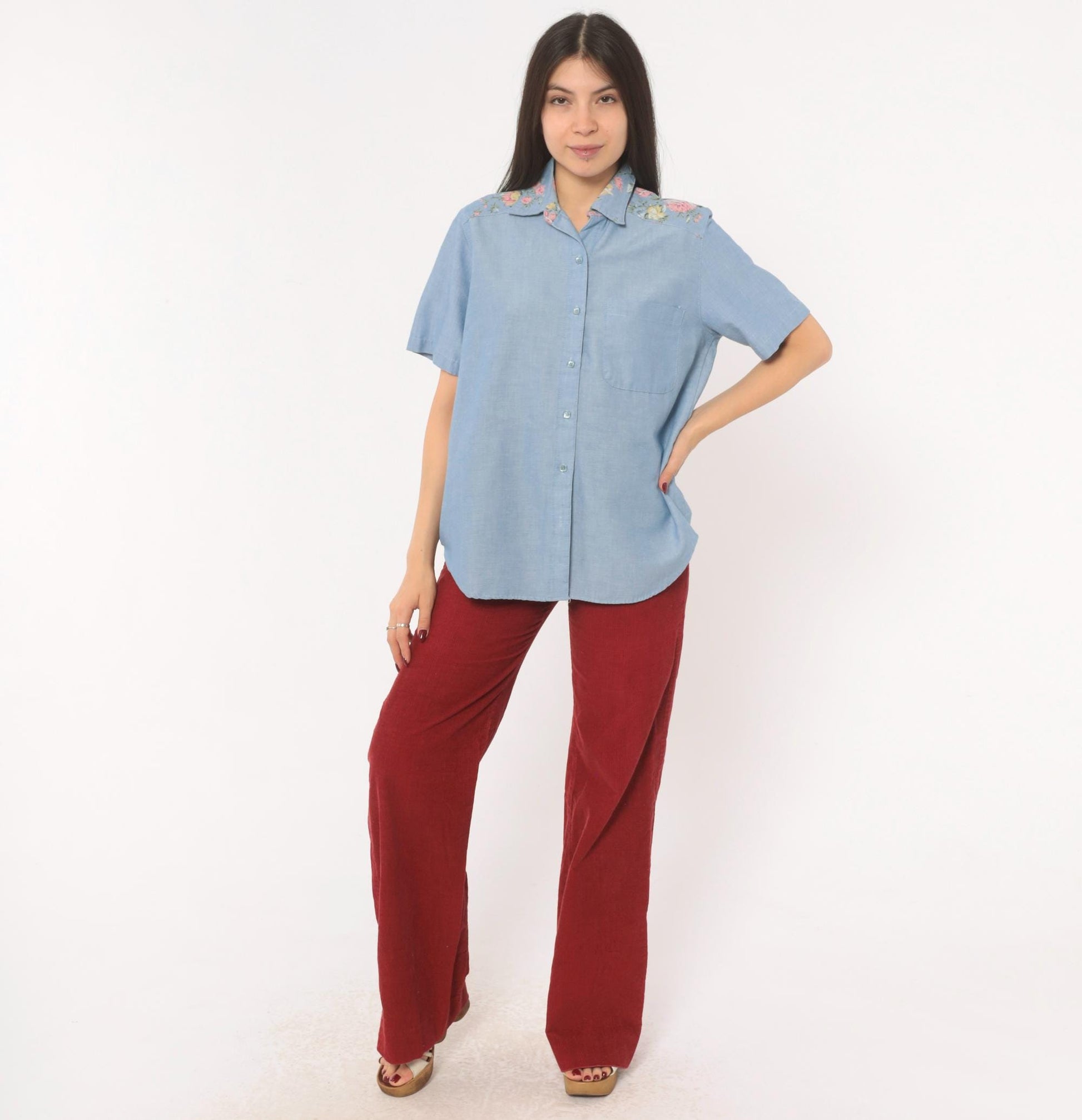 90s Alfred Dunner Floral Yoke Chambray Shirt Blue Button Front Medium