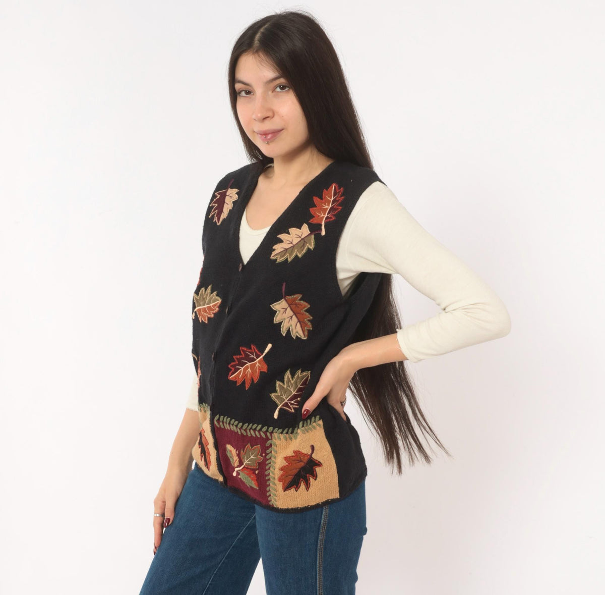 90s Black Knit Vest Autumn Leaves Appliqué Button Front Patchwork Medium M