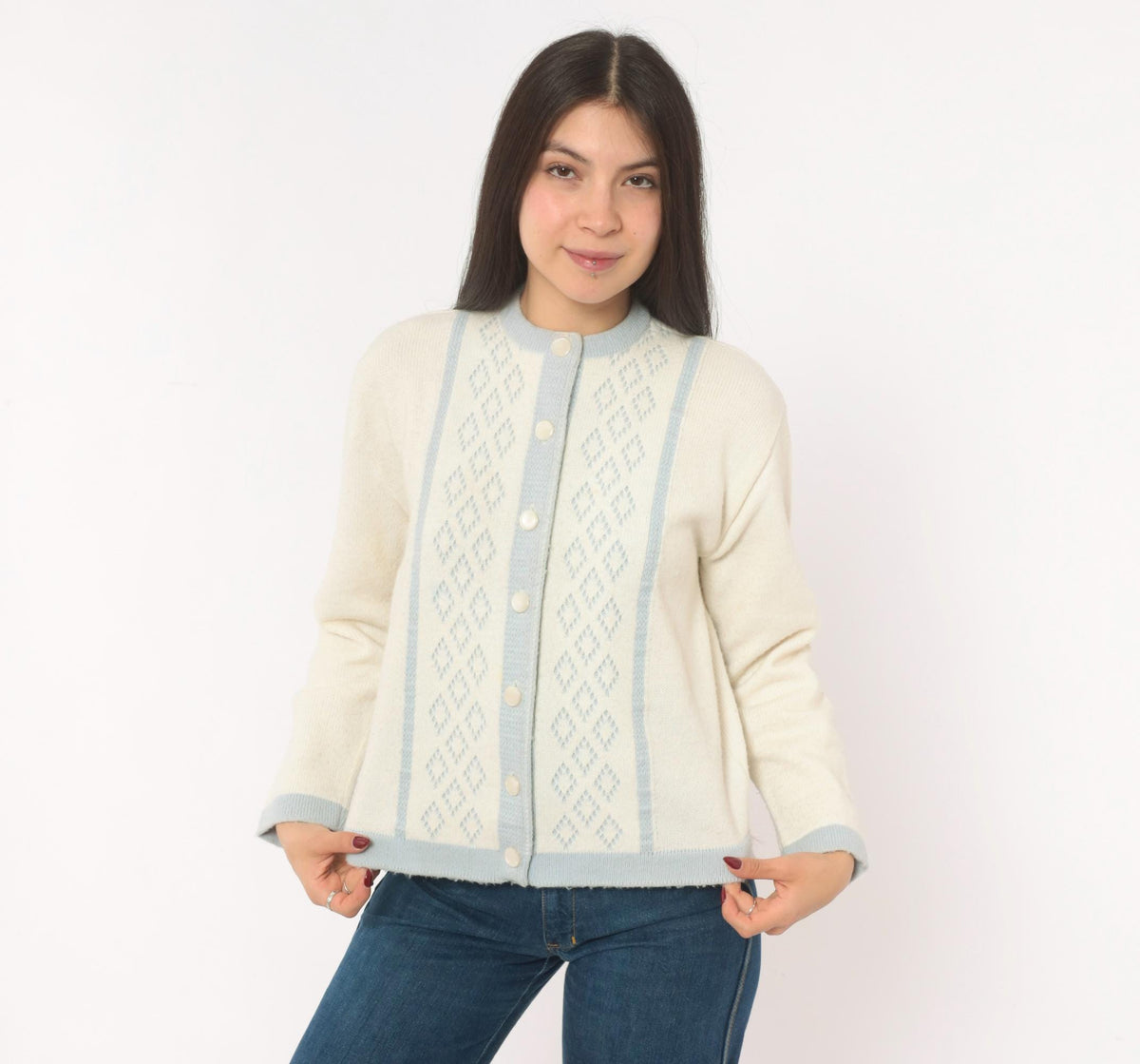 70s Mello Knit Cream Baby Blue Diamond Cardigan Button Front Medium