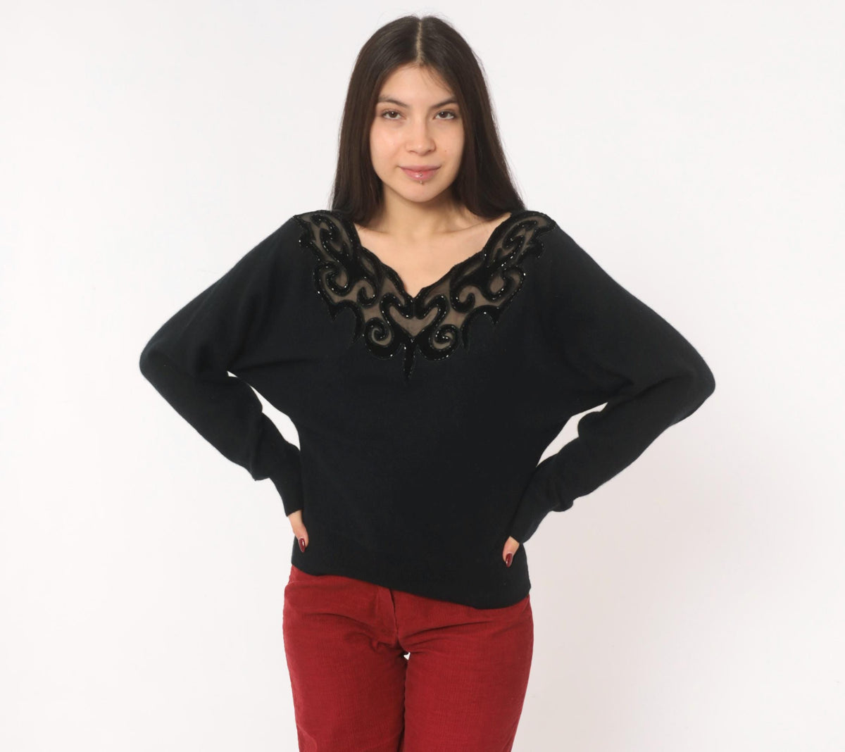 80s Sunbow 2 Black Beaded Mesh V-Neck Angora Pullover Dolman Sleeve Medium