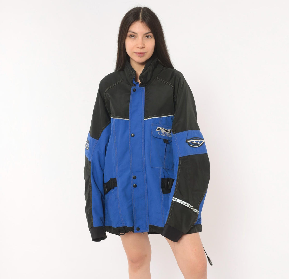 90s FXR X-Tech Snowmobile Jacket Blue Black Color Block Nylon Shell Extra Large XL