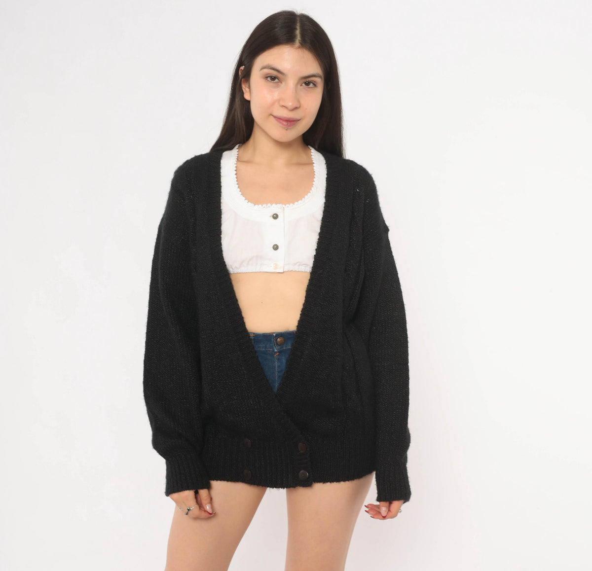 80s Black Double Breasted Cardigan Knit Sweater V Neck Medium M