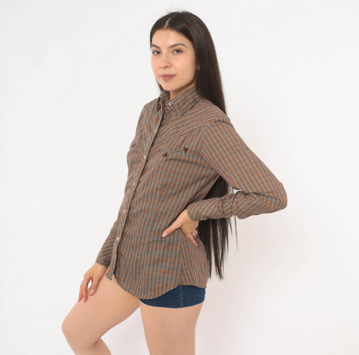 70s Western Plaid Shirt Pearl Snap Brown Blue Check Cotton Yoke Medium M
