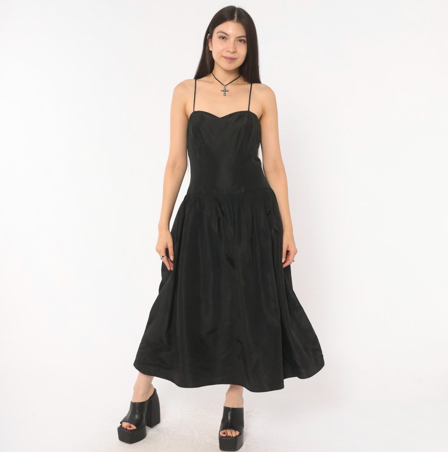 90s Black Sweetheart Midi Dress Spaghetti Strap Drop Waist Medium