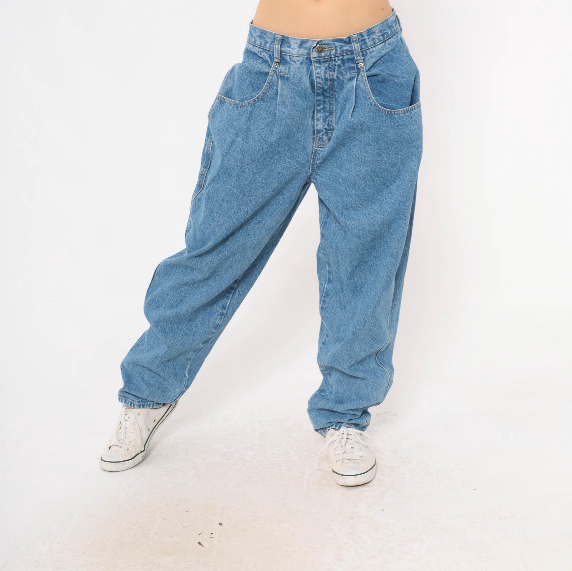 90s Brittania High-Waisted Baggy Jeans Medium Wash Tapered Leg Women's 33