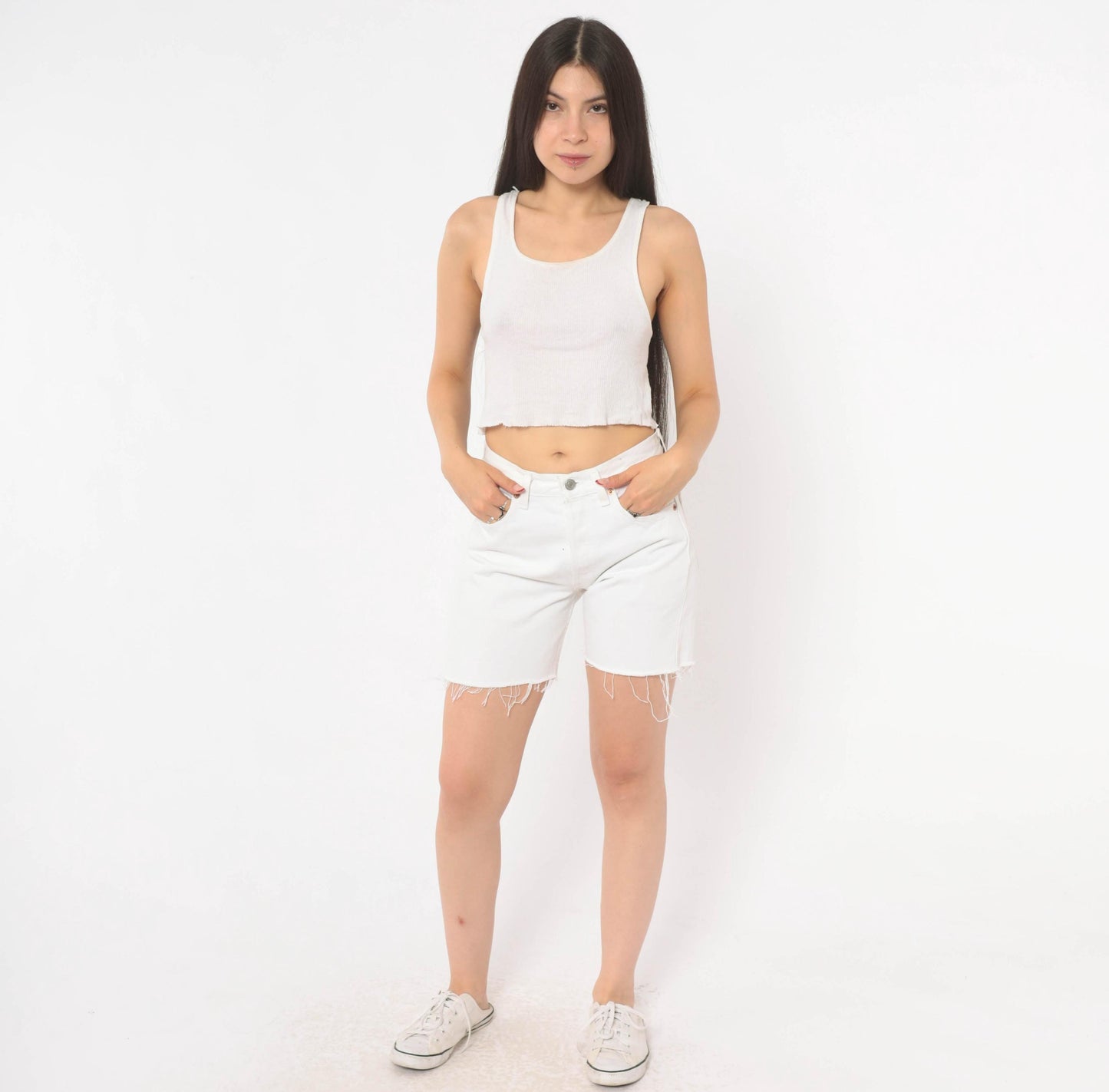90s Levi's 501 White Denim Cutoff Shorts High Rise Button Fly Small S