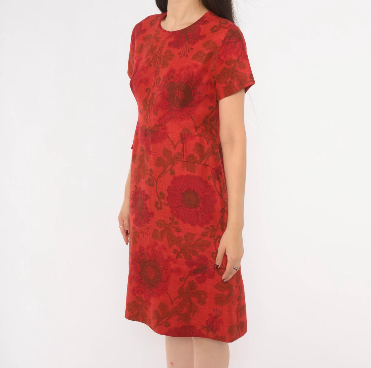 60s Lisa Carlton Red Silk Jacquard Floral A-Line Dress Knee Length Small S