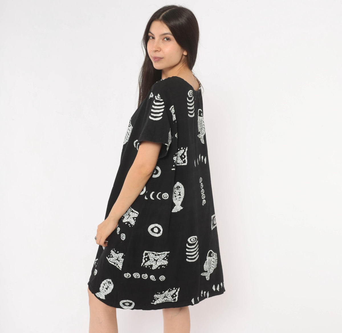 Y2K Fish Print Shift Dress Black White Cotton Marine Graphic Medium Large
