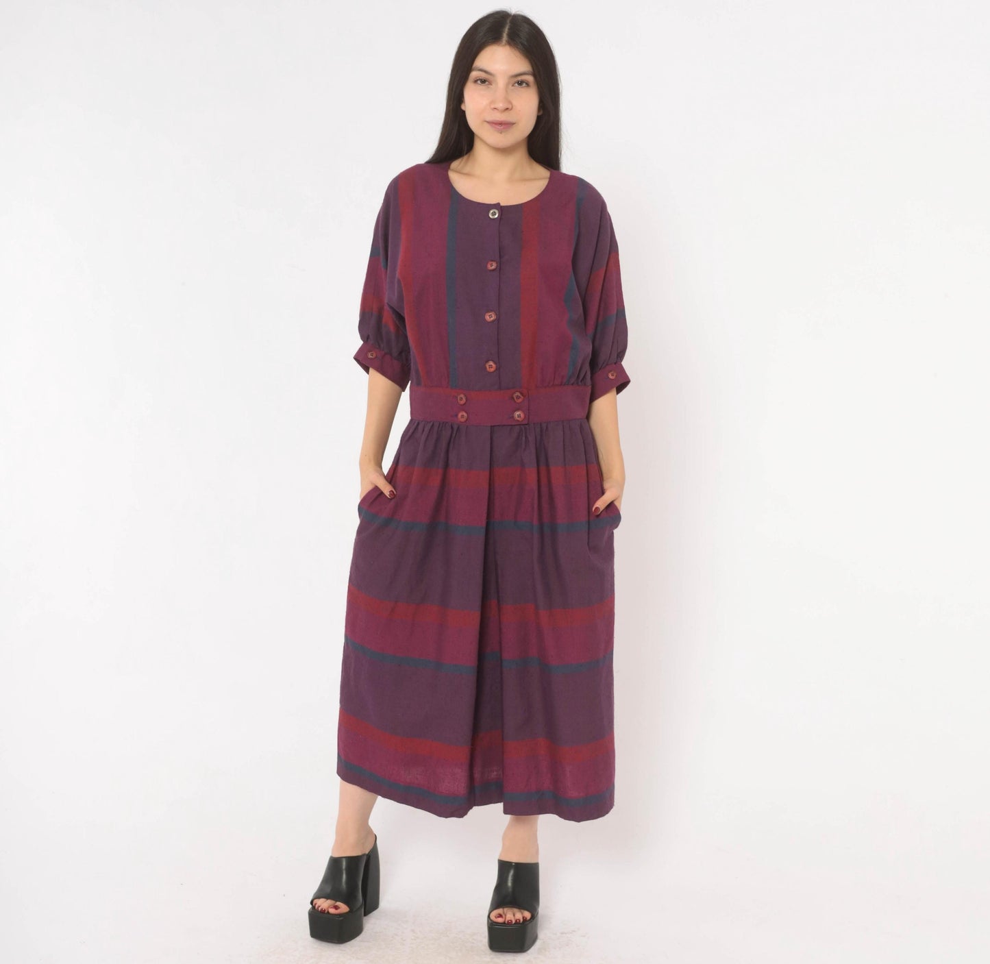 80s David Warren Plaid Midi Dress Purple Burgundy Puff Sleeve Cotton Large L
