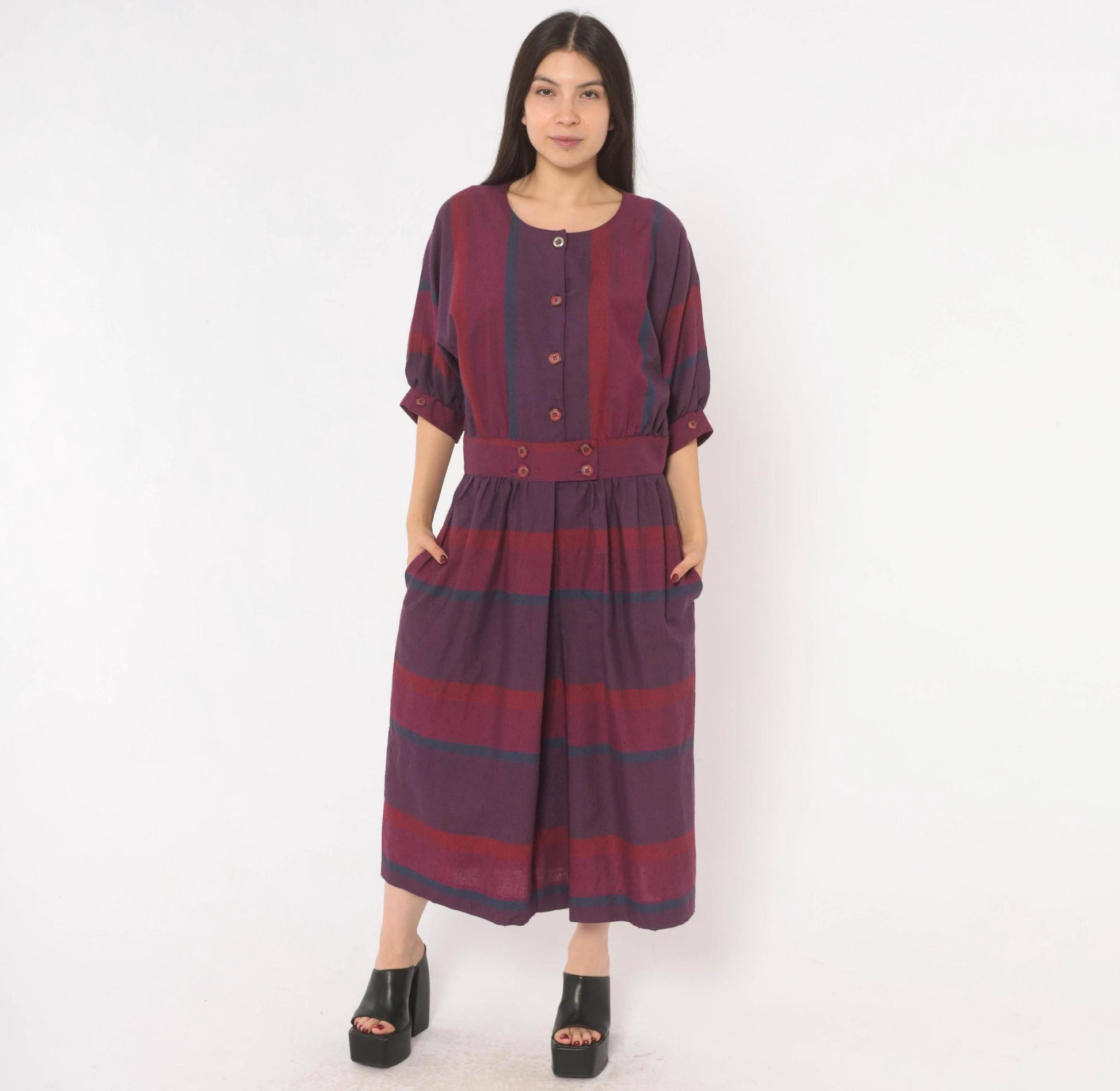80s David Warren Plaid Midi Dress Purple Burgundy Puff Sleeve Cotton Large L
