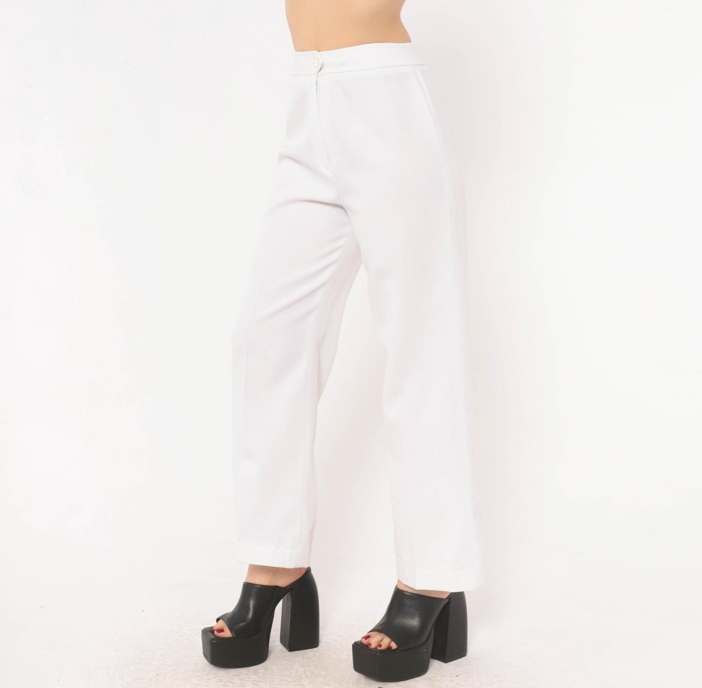 70s White Wide Leg High Rise Trousers Ivory Straight Pressed Crease Small