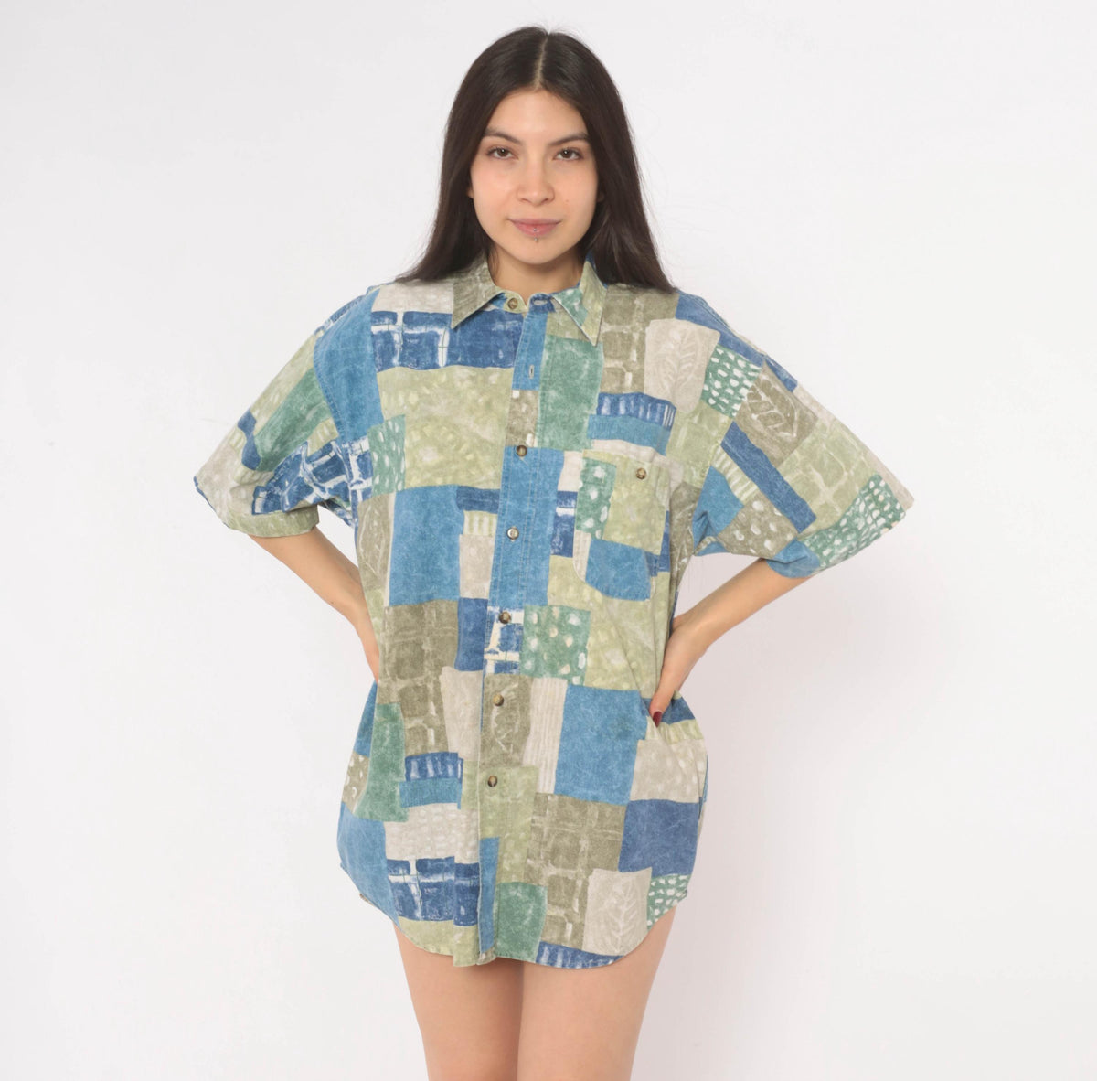 90s Marc Daniels Patchwork Print Button Shirt Cotton Geometric Blue Sage Medium