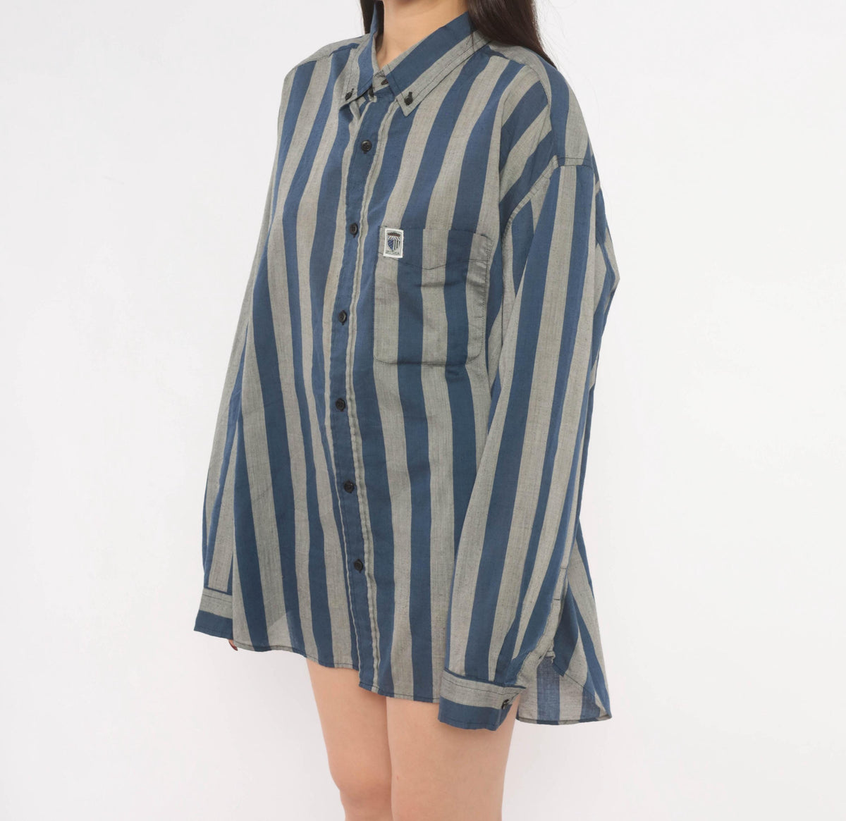 80s Brittania Striped Button Down Navy Grey Vertical Stripe Shirt Plus Size XXL