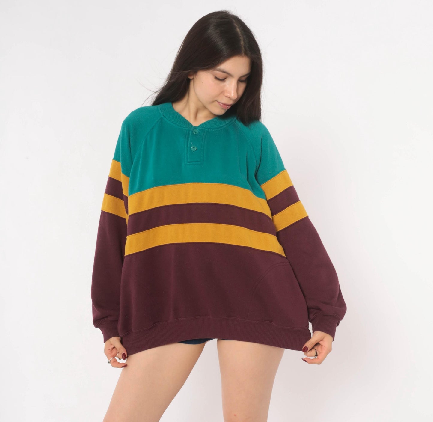 90s Prides Landing Color Block Henley Sweatshirt Teal Burgundy Mustard Large L