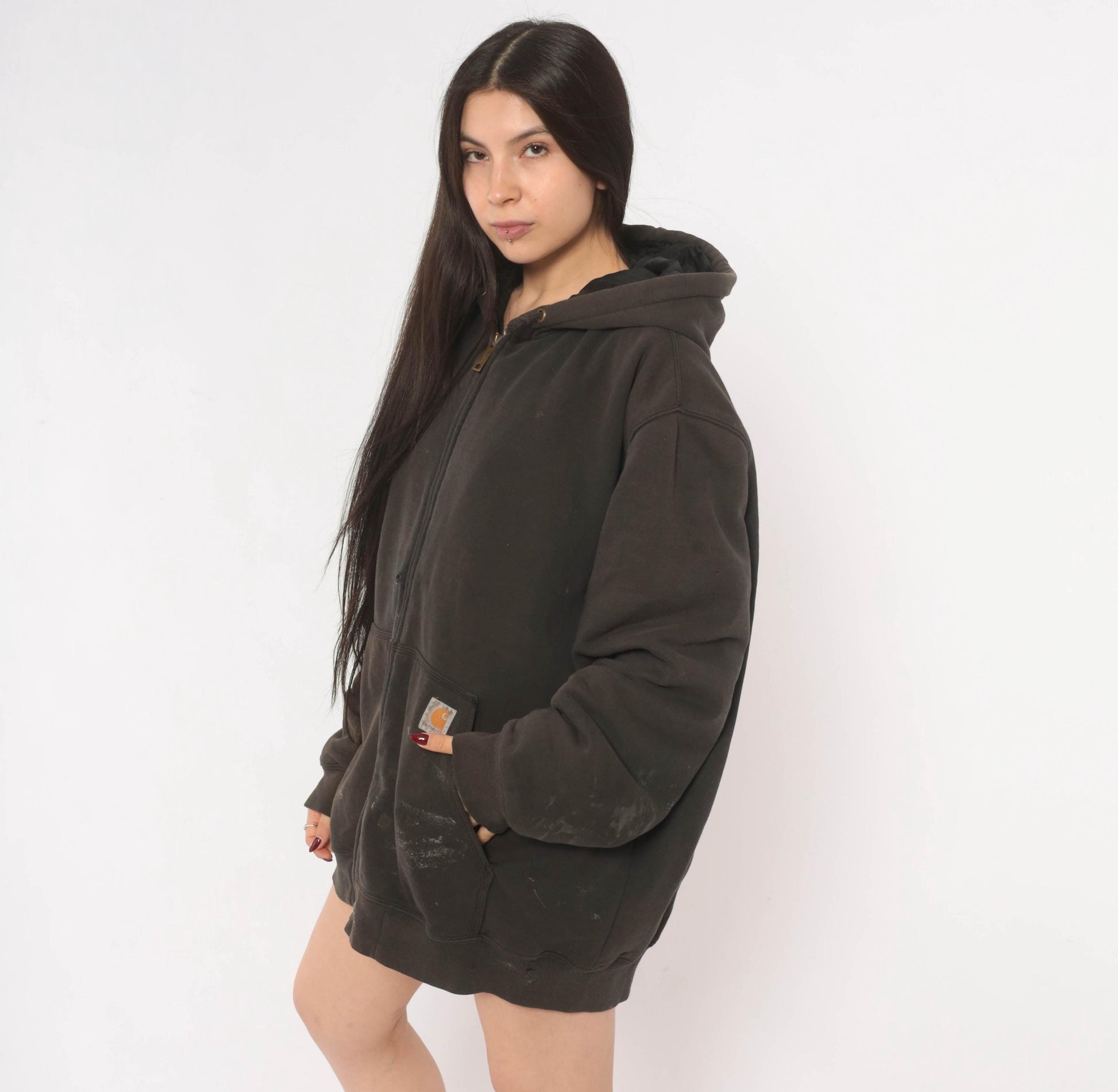 Y2K Carhartt Full Zip Hooded Sweatshirt Dark Brown Distressed XL
