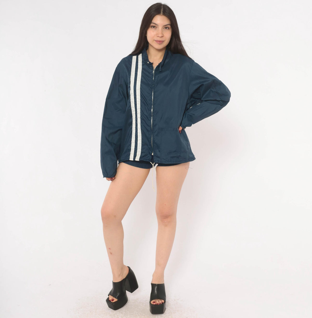 70s Sterling Pro Navy Windbreaker Racing Stripe Zip Jacket Small