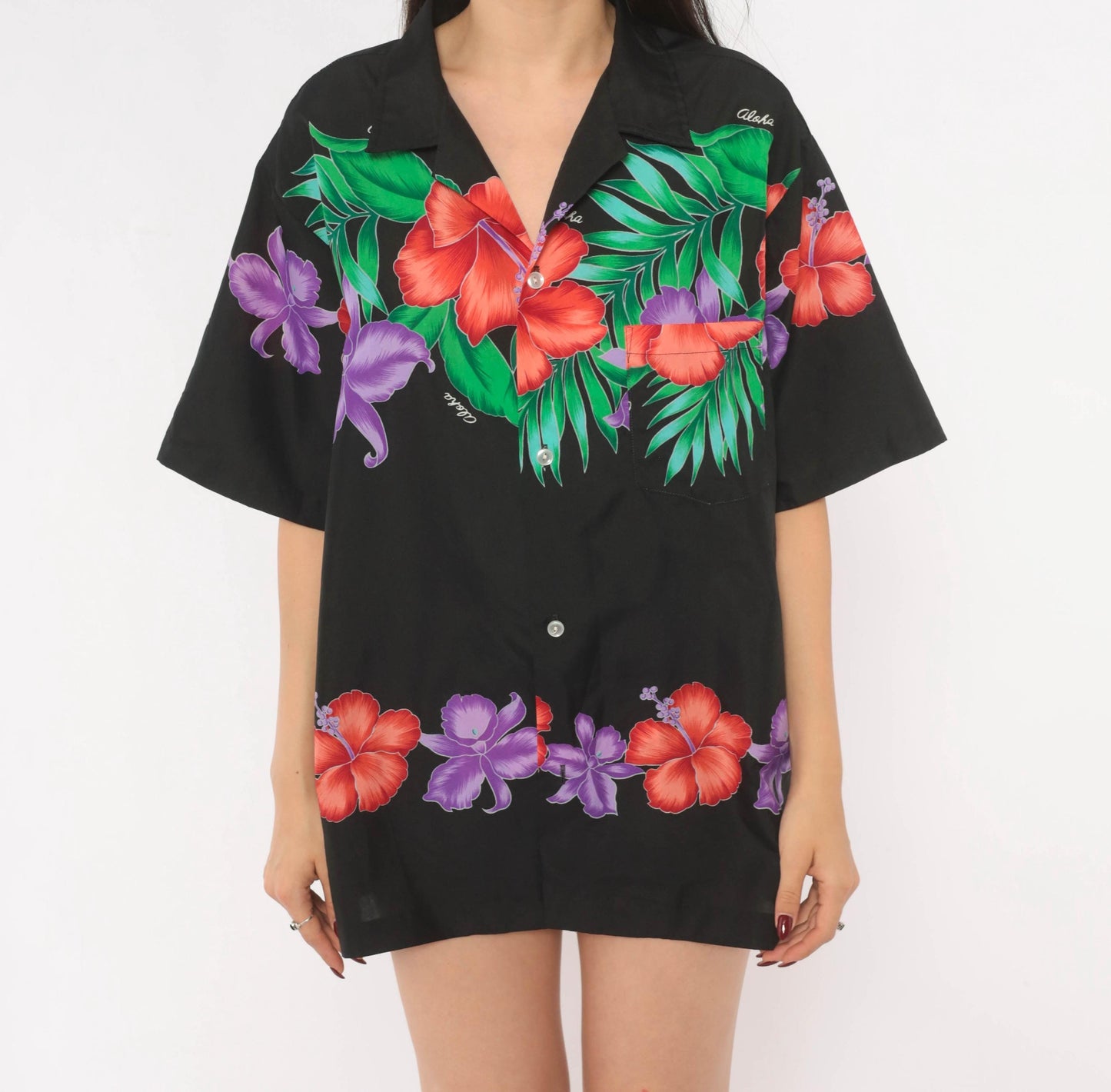 80s Made In Hawaii Hawaiian Shirt Black Hibiscus Floral Camp Collar Large