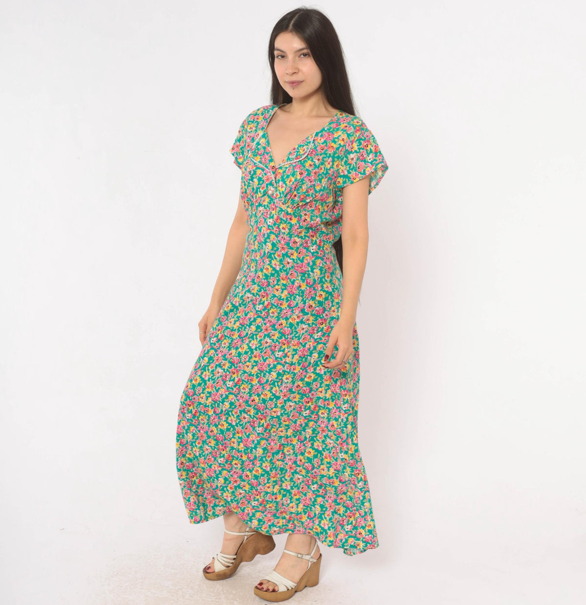 90s Hang Ten Floral Maxi Dress Green Pink Yellow V-Neck Wrap Bodice Large L