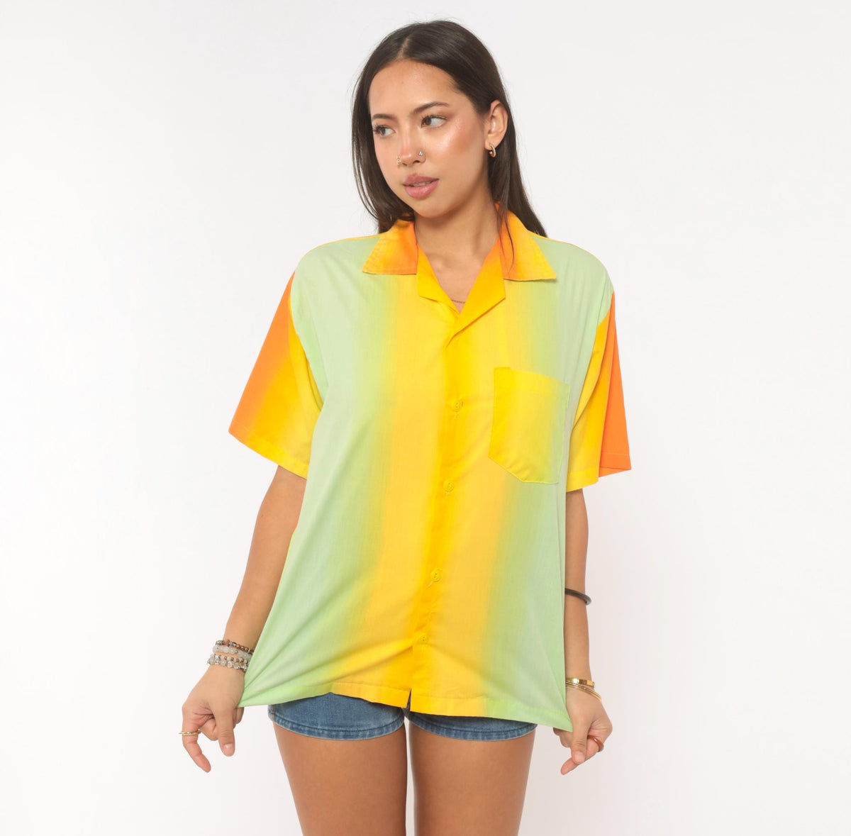 70s Gradient Camp Collar Shirt Orange Yellow Green Colorblock Medium
