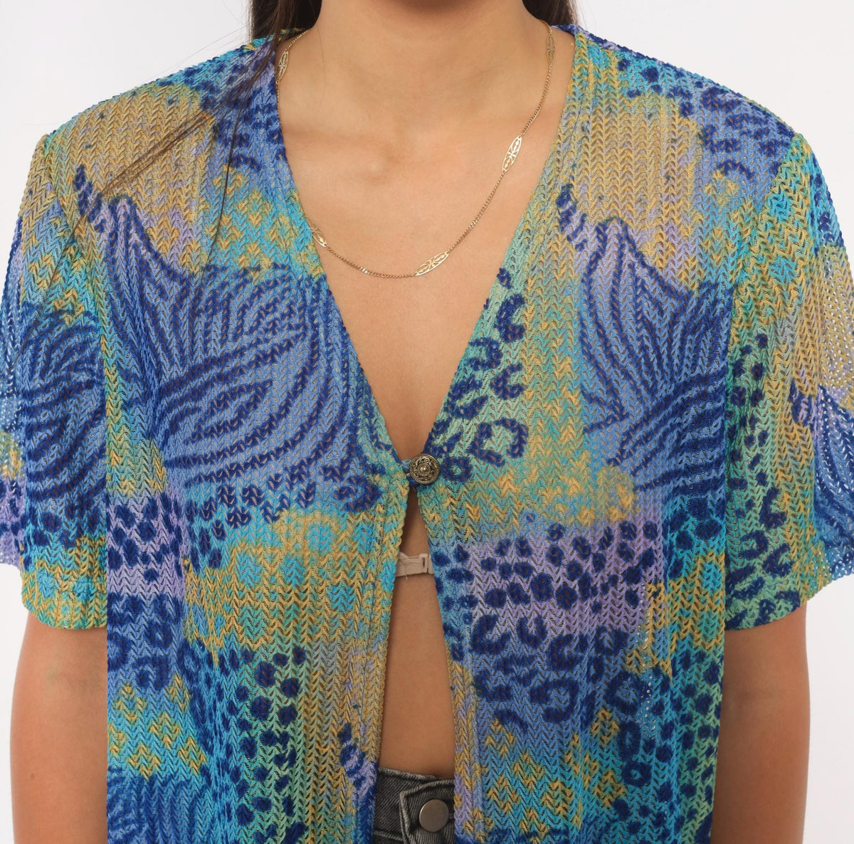 90s Miss Dorby Sheer Mesh Cardigan Tropical Leaf Leopard Print Teal Medium Large