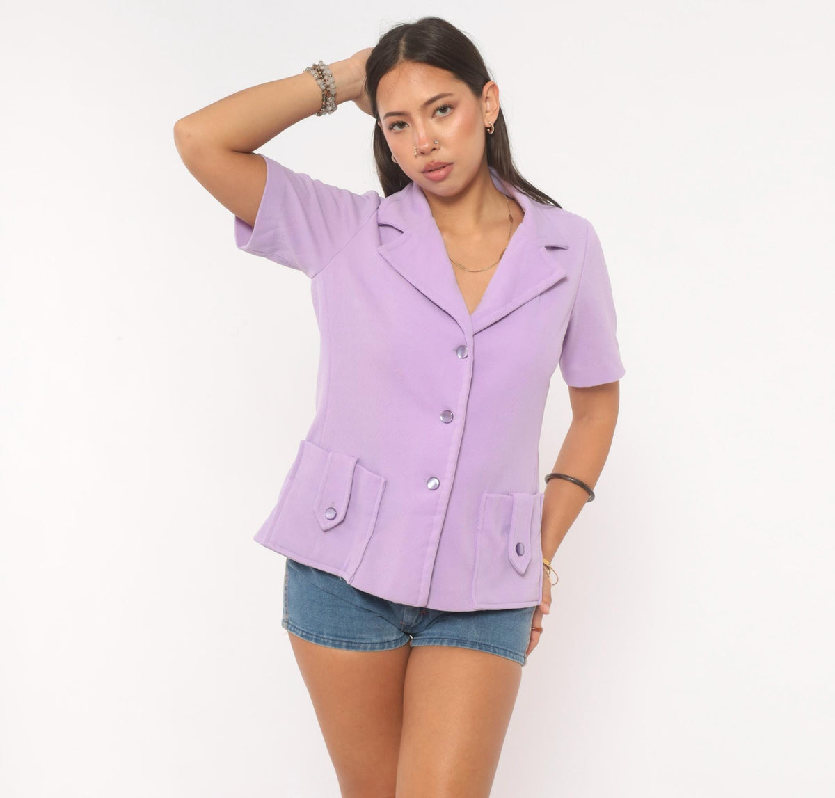 70s Lilac Button Front Blazer Short Sleeve Notched Lapel Fitted Waist Medium