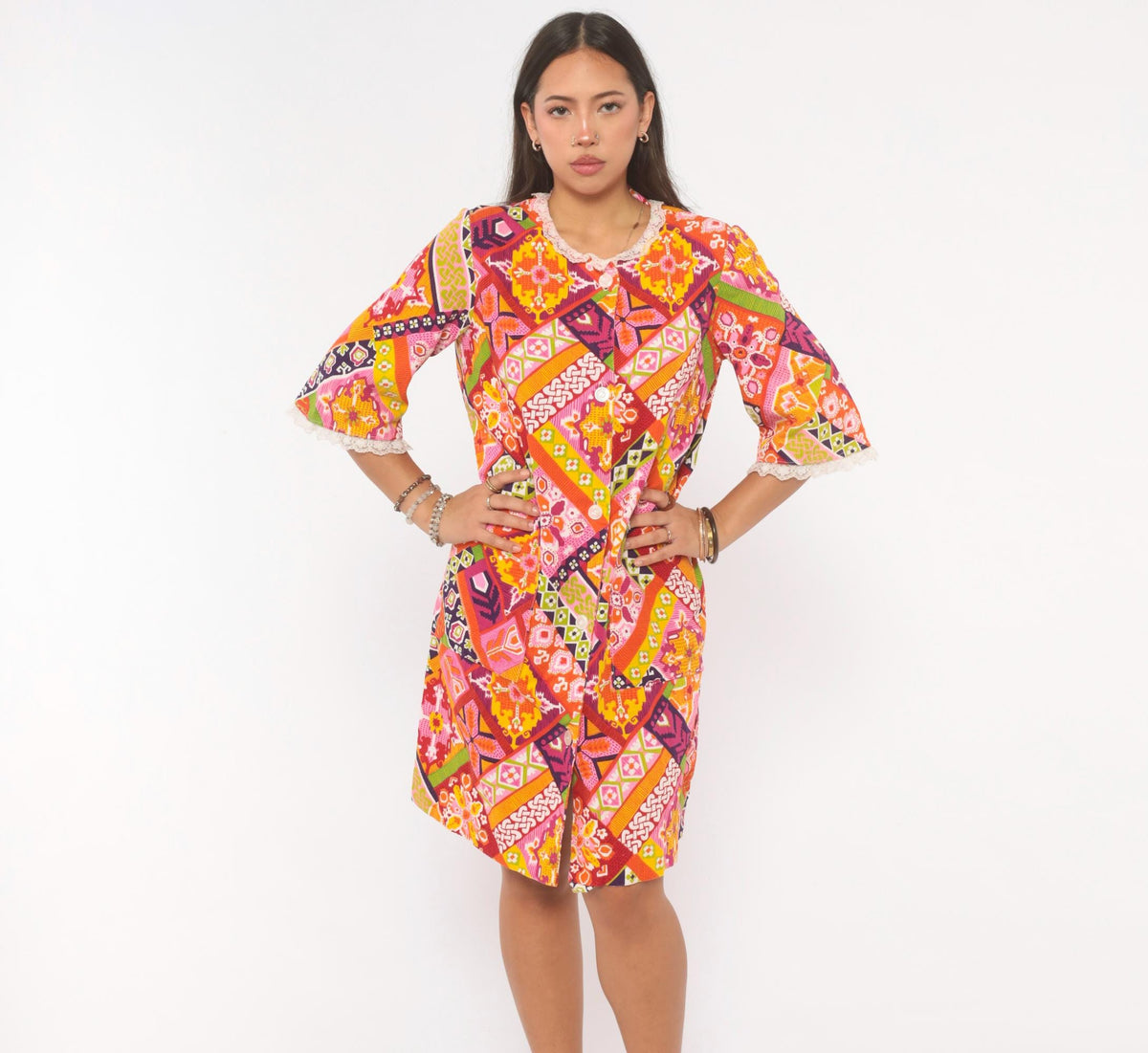 1970s Patchwork Button Front Shift Dress Knee Length Cotton Multicolor Medium M