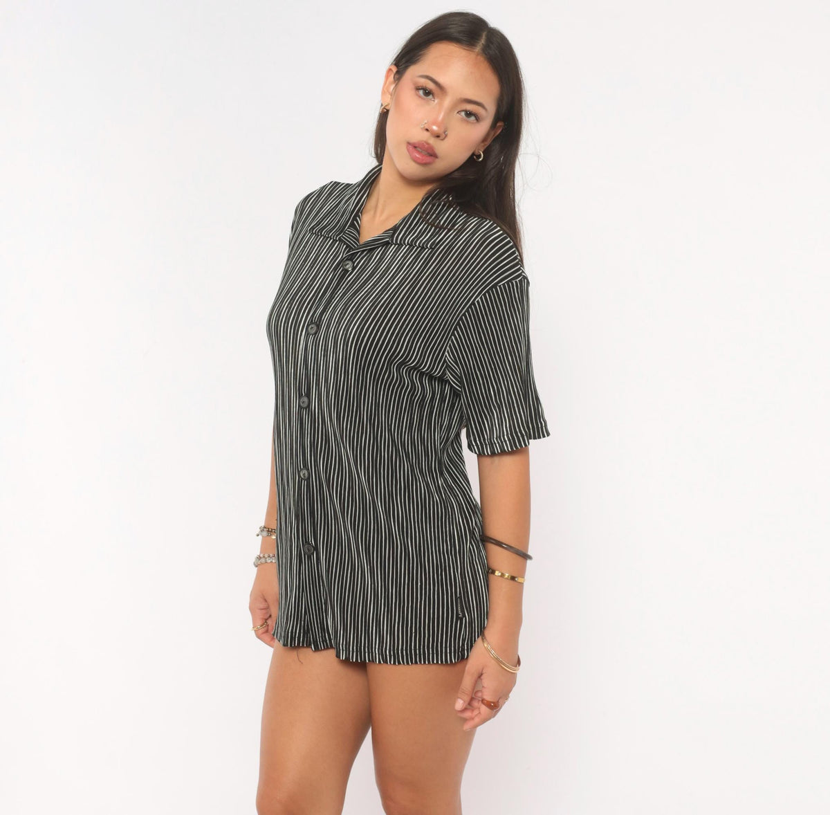 Y2K Black Pinstripe Button Up Camp Collar Shirt White Stripe Short Sleeve Small