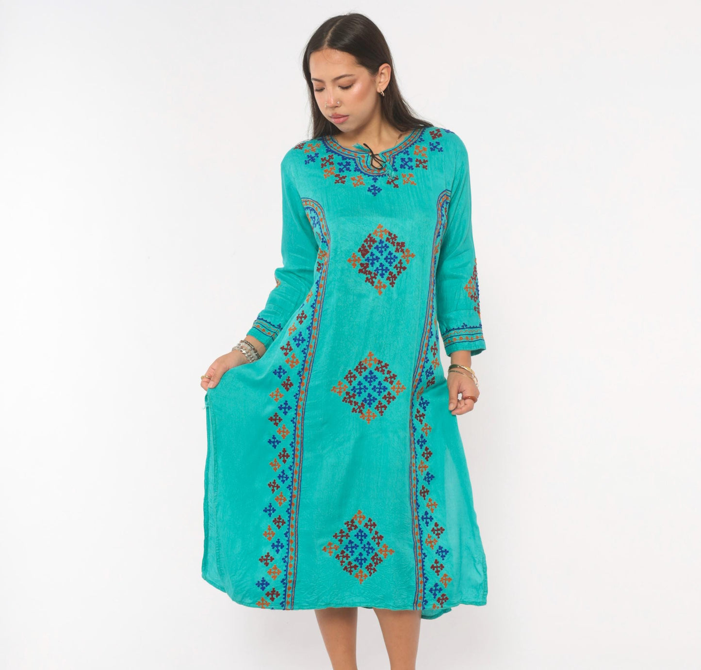 Y2K Teal Cotton Kaftan Embroidered Cross Stitch Diamond Tunic Dress Medium M