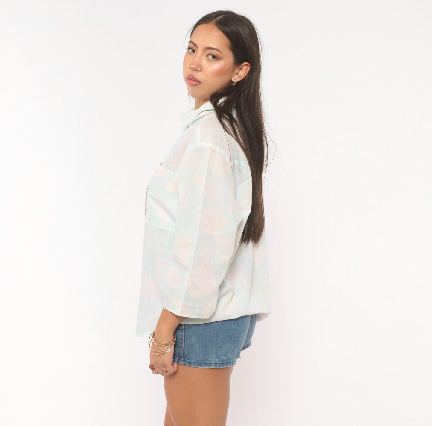 90s Alais Pastel Watercolor Button-Up Blouse Pink Blue Cotton Medium M
